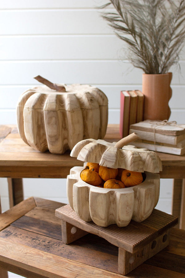 Carved Wood Pumpkin w/Lid - Grove Collective